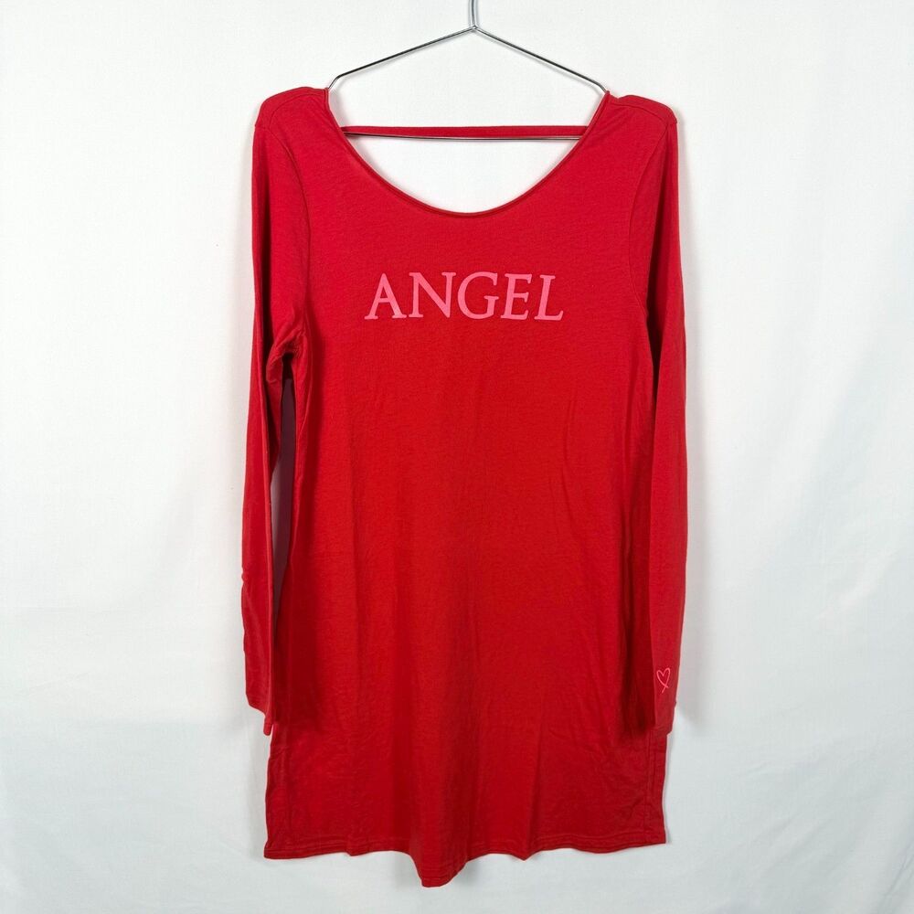 Victorias Secret ANGEL Glitter Logo Long Sleeve Sleep Shirt Red Nightgown Small